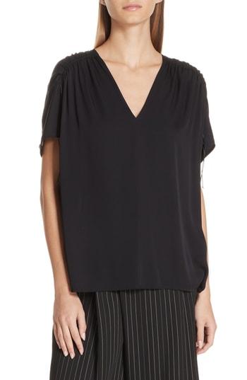 Women's Vince Ruched Shoulder Stretch Silk Blouse - Black