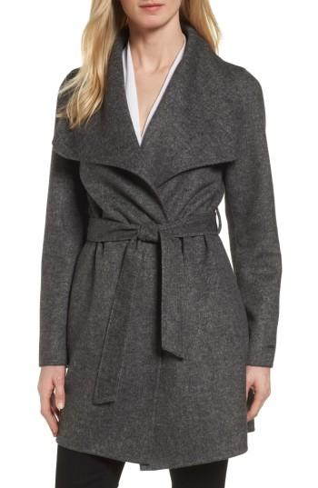 Petite Women's Tahari 'ella' Belted Double Face Wool Blend Wrap Coat P - Grey