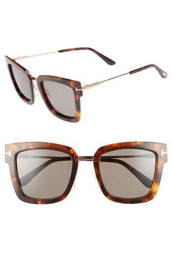Women's Tom Ford Lara 52mm Mirrored Square Sunglasses - Coloured Havana/ Smoke