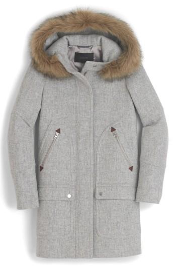 Petite Women's J.crew Chateau Stadium Cloth Parka With Faux Fur P - Grey