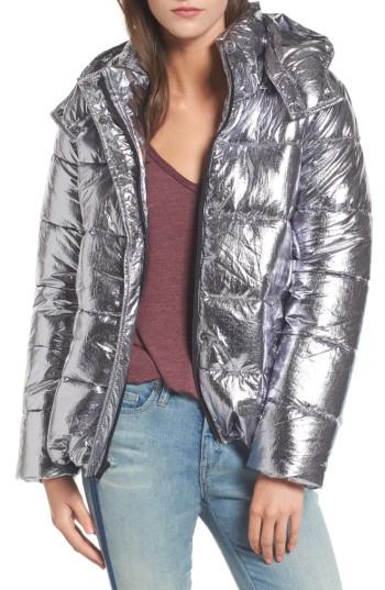 Women's Coffee Shop Short Puffer Jacket - Metallic