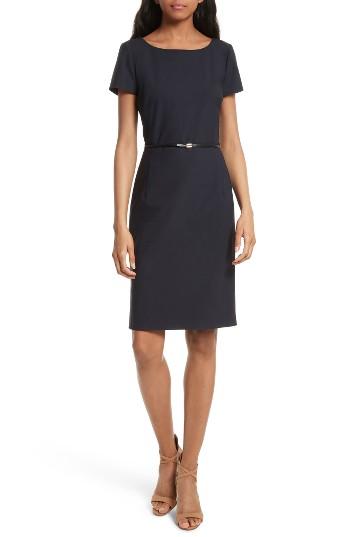 Women's Boss Dilya Belted Ballet Neck Sheath Dress - Blue
