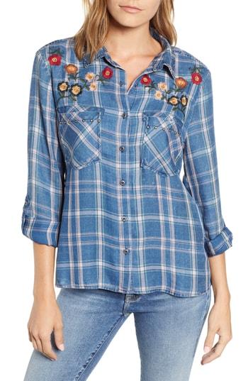 Women's Billy T Embroidered Plaid Roll Tab Shirt - Blue