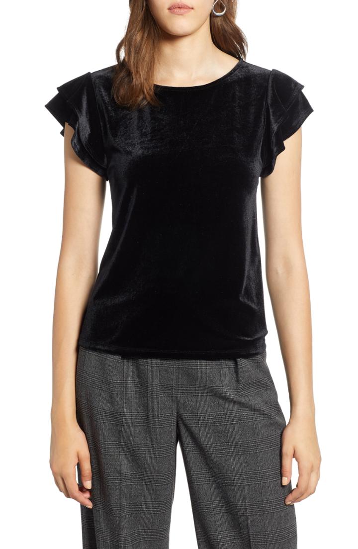 Petite Women's Halogen Flutter Sleeve Velvet Top P - Black