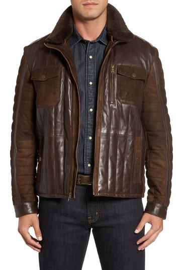 Men's Flynt Genuine Shearling Trim Leather Bomber Jacket - Brown