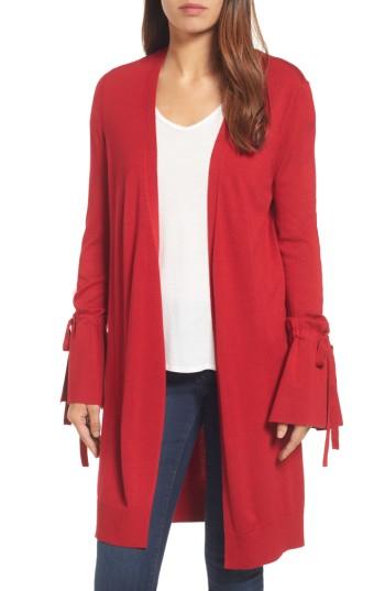 Women's Halogen Lightweight Tie Sleeve Cardigan, Size - Red