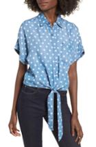 Women's Sp Black Polka Dot Chambray Tie Front Top - Blue