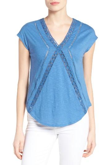 Women's Caslon Lace Trim V-neck Top, Size P - Blue