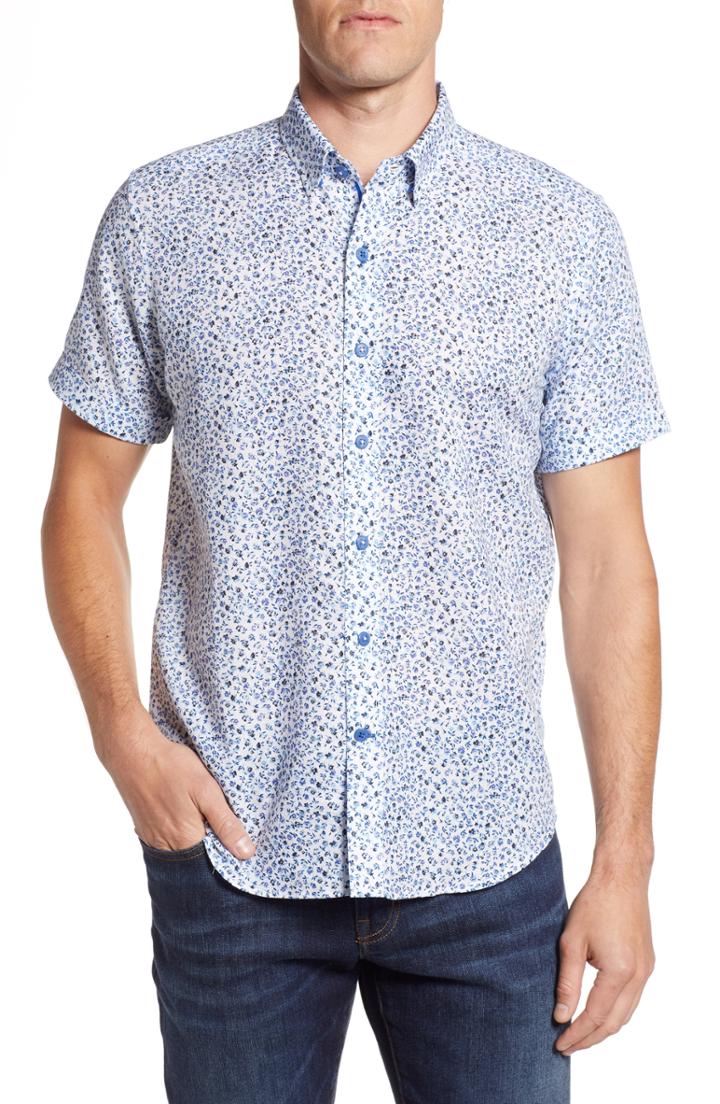 Men's Robert Graham Patrick Floral Linen Blend Sport Shirt, Size - Blue