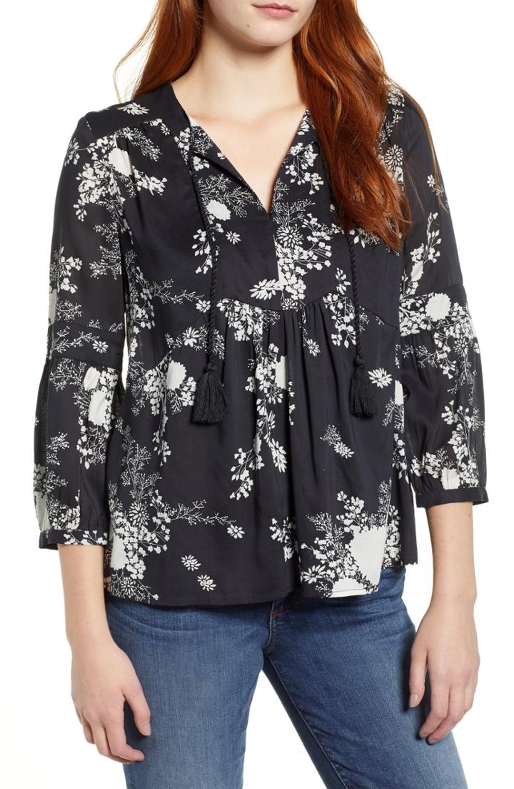 Women's Caslon Print Split Neck Boho Top - Black