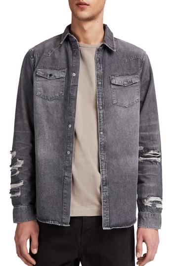 Men's Allsaints Beegan Distressed Denim Shirt Jacket - Black