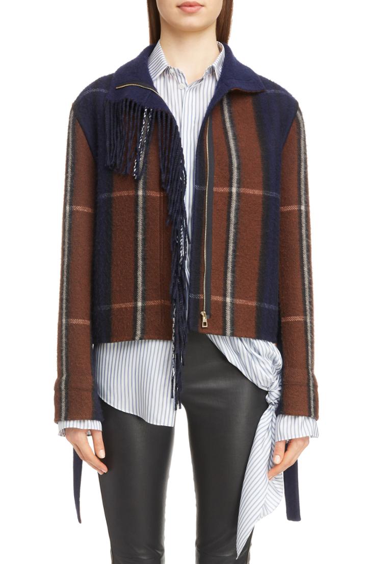 Women's Loewe Plaid Fringe Trim Wool & Cashmere Jacket Us / 44 Fr - Blue