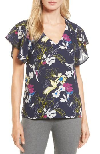 Women's Halogen Flutter Sleeve Print Blouse - Blue