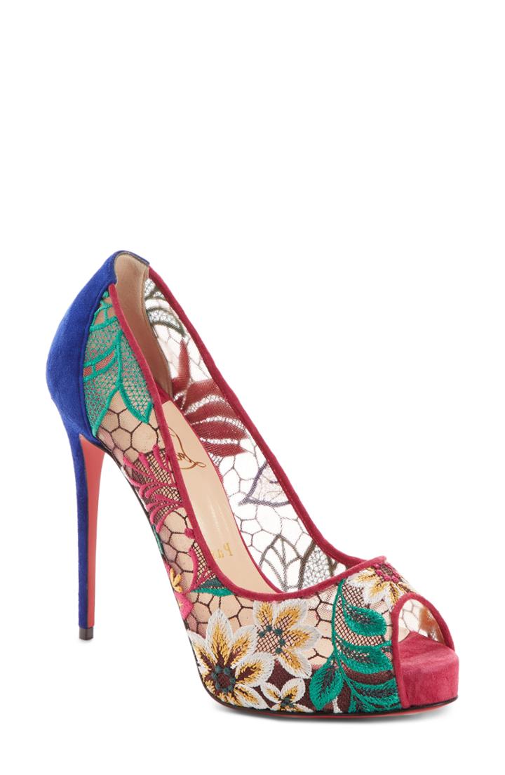 Women's Christian Louboutin Very Lace Floral Peep Toe Pump .5us / 35.5eu - Pink