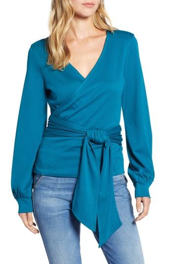 Women's Halogen Tie Front Faux Wrap Top - Black