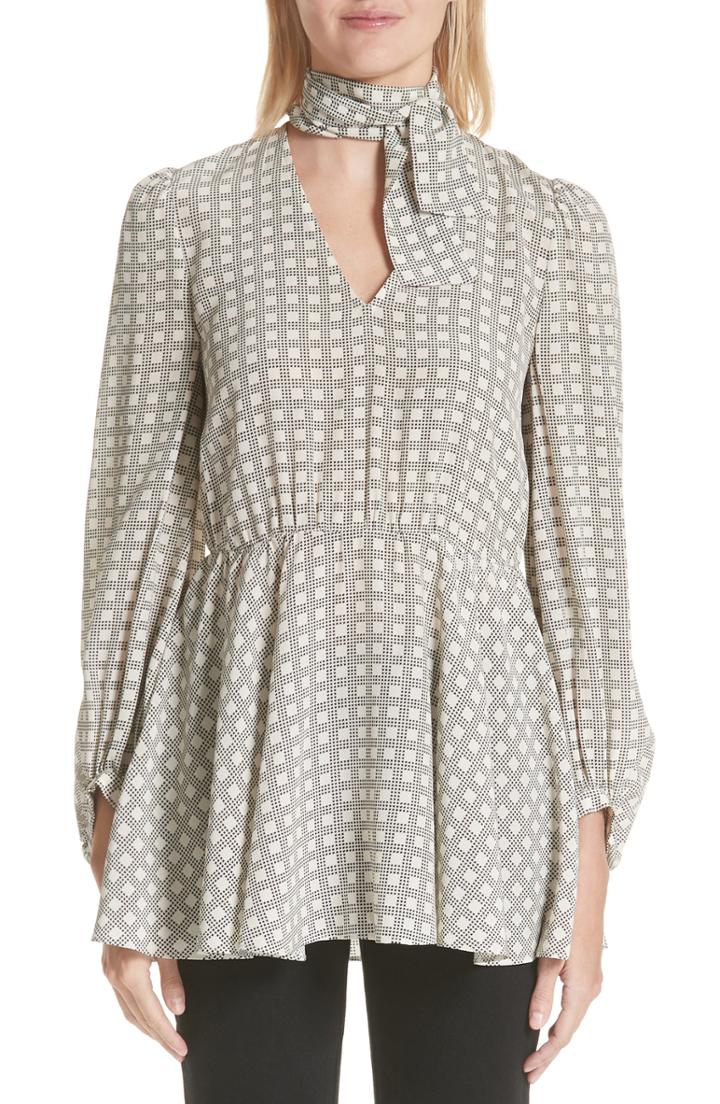 Women's Co Houndstooth Plaid Tie Neck Silk Crepe De Chine Blouse