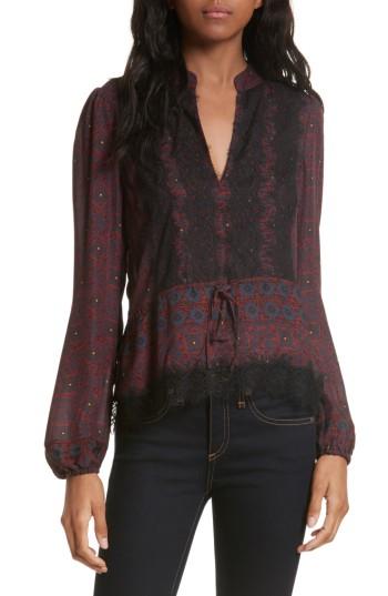 Women's Veronica Beard Lindberg Lace Trim Print Silk Blouse