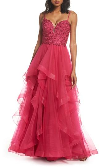 Women's La Femme Lace & Tiered Tulle Ballgown - Pink