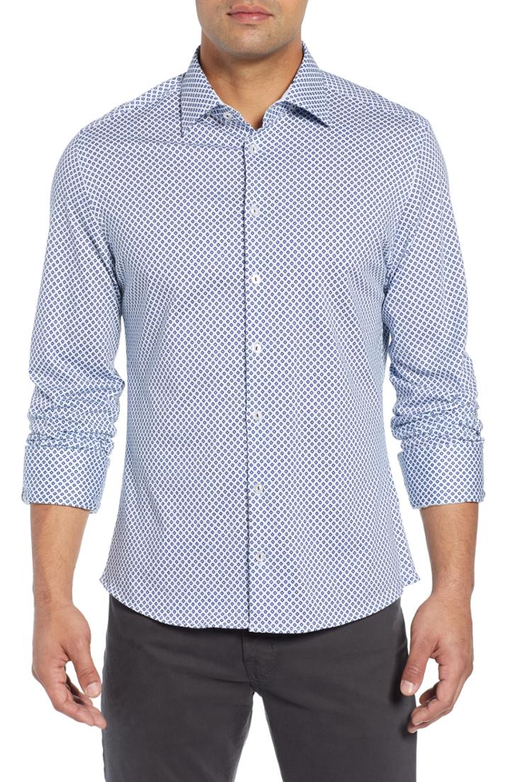 Men's Stone Rose Trim Fit Print Jersey Knit Sport Shirt - White