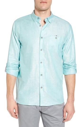 Men's Ted Baker London Linlins Herringbone Cotton & Linen Sport Shirt (m) - Green