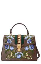 Gucci Medium Sylvie Embroidered Top Handle Leather Shoulder Bag -
