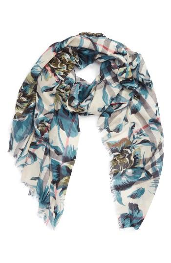 Women's Burberry Floral Print Wool & Silk Scarf, Size - Blue