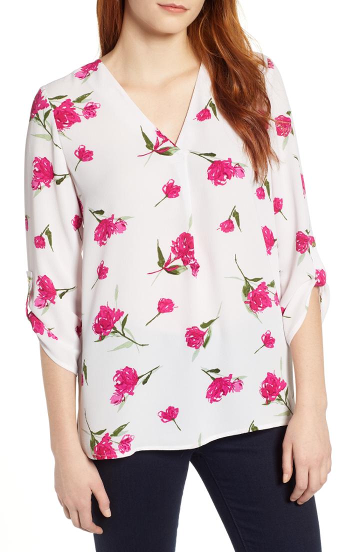 Women's Chaus Dashing Roses Roll Tab Blouse - White