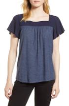 Women's Vince Camuto Ruffle Sleeve Mix Media Cotton Blend Blouse, Size - Blue