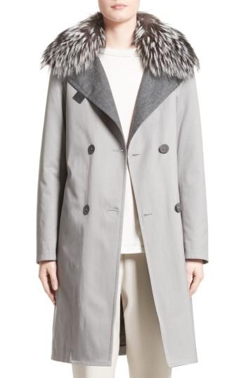 Women's Fabiana Filippi Water Repellent Gabardine Trench Coat With Genuine Fox Fur Collar Us / 44 It - Grey