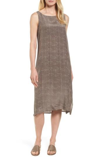 Women's Eileen Fisher Stripe Bateau Neck Silk Dress - Brown