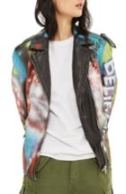 Women's Topshop Aries Graffiti Leather Jacket Us (fits Like 0) - Black