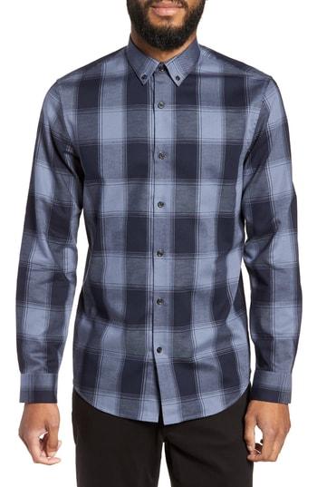 Men's Calibrate Slim Fit Mini Collar Buffalo Check Flannel Sport Shirt - Grey