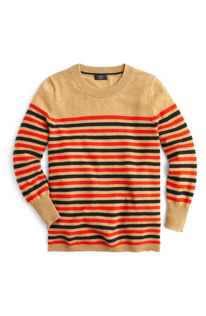 Women's J.crew Stripe Crewneck Cashmere Sweater - Brown