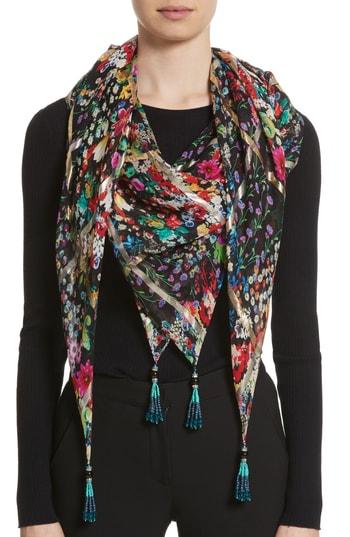 Women's Etro Gold Grid Floral Silk Scarf