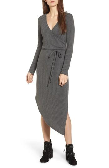 Women's One Clothing Ribbed Knit Asymmetrical Wrap Midi Dress - Grey