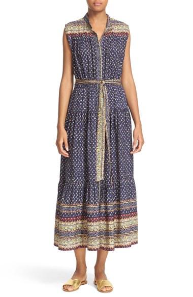 Women's Sea Midnight Border Print Silk Midi Dress
