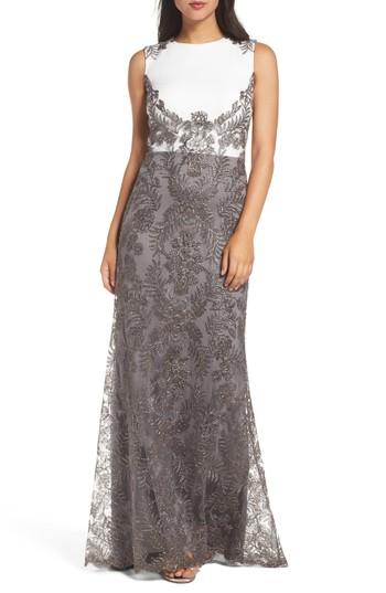 Petite Women's Tadashi Shoji Two-tone Corded Tulle Gown P - Grey