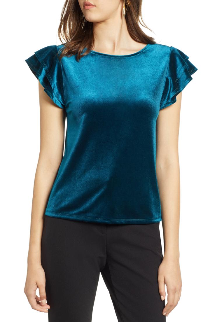 Women's Halogen Flutter Sleeve Velvet Top - Blue/green