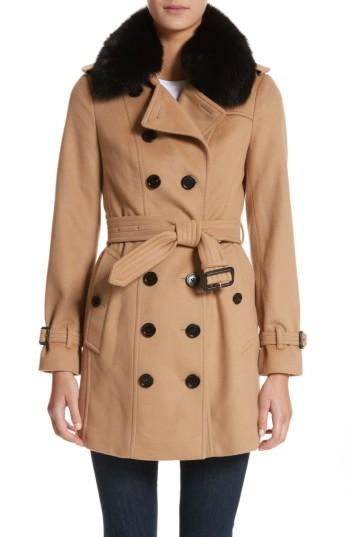 Women's Burberry Sandringham Wool & Cashmere Trench Coat With Removable Genuine Fox Fur Collar - Brown