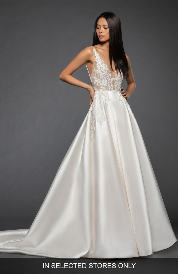 Women's Lazaro Rufina Lace Illusion Bodice Mikado Ballgown, Size - Ivory
