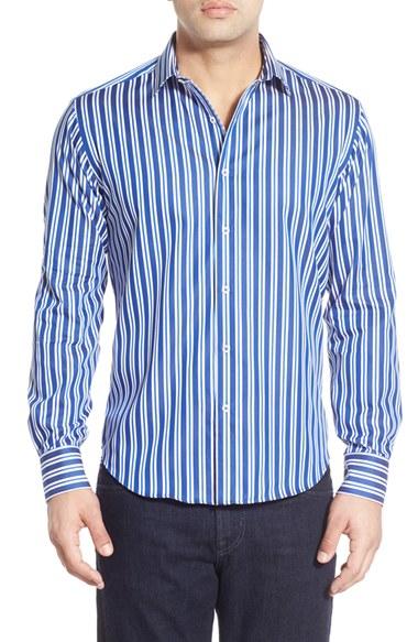 Men's Bugatchi Classic Fit Vertical Stripe Sport Shirt, Size - Blue