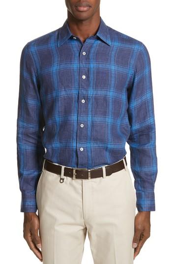 Men's Canali Slim Fit Plaid Linen Sport Shirt