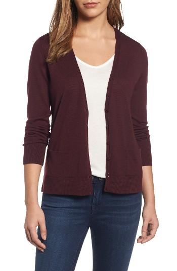 Women's Halogen V-neck Merino Wool Cardigan - Burgundy