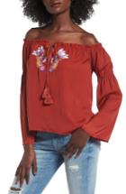 Women's Love, Fire Embroidered Off The Shoulder Top - Orange
