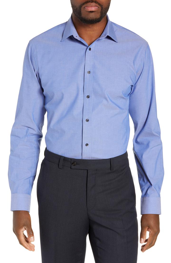 Men's Nordstrom Men's Shop Tech-smart Trim Fit Stretch Pinpoint Dress Shirt .5 - 32/33 - Blue