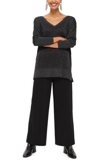 Women's Topshop Cross Back Longline Metallic Sweater Us (fits Like 0) - Black