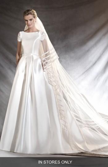 Women's Pronovias Otelo Short Sleeve Mikado A-line Gown, Size In Store Only - Ivory