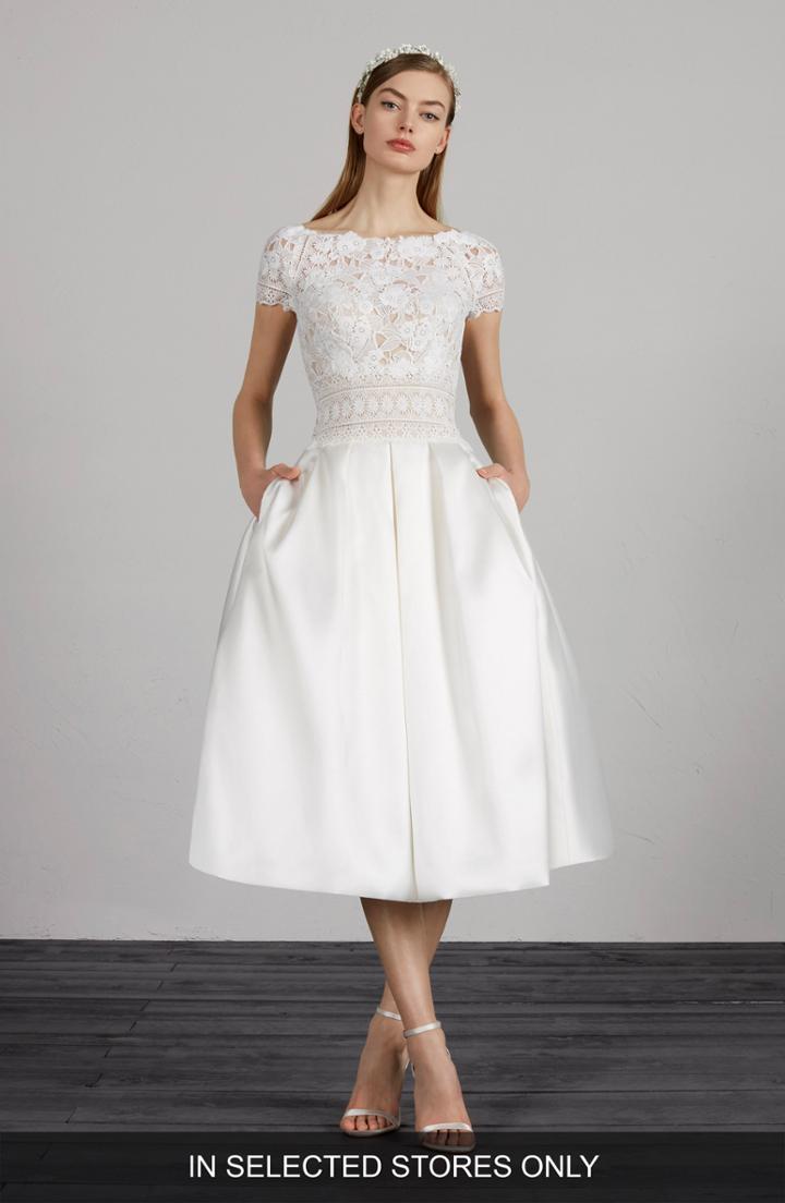 Women's Pronovias Miami Lace & Mikado Tea Length Dress, Size In Store Only - Ivory