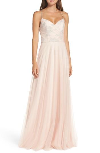Women's Hayley Paige Occasions Embellished Bodice Net Halter Gown - Beige