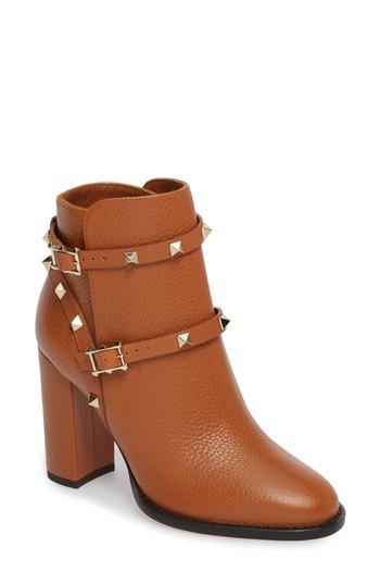 Women's Valentino Garavani 'rockstud' Block Heel Bootie .5us / 38.5eu - Brown